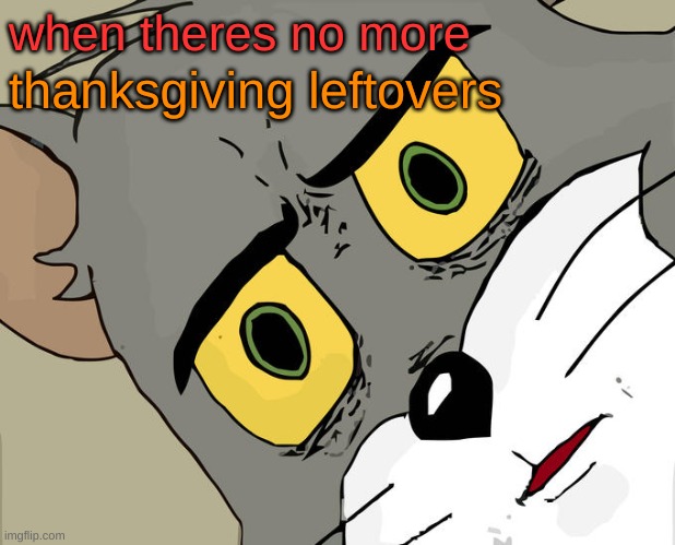 Unsettled Tom Meme | when theres no more; thanksgiving leftovers | image tagged in memes,unsettled tom | made w/ Imgflip meme maker