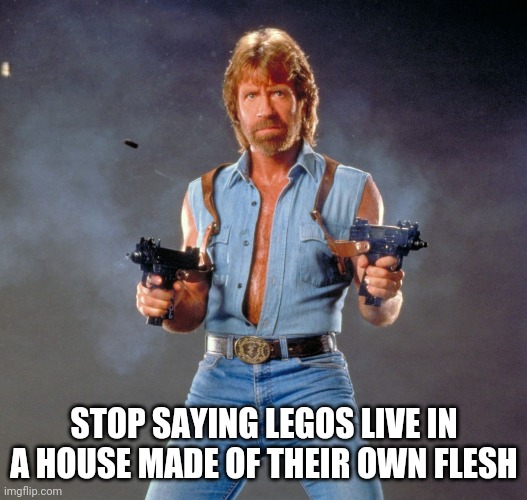 Chuck Norris Guns Meme | STOP SAYING LEGOS LIVE IN A HOUSE MADE OF THEIR OWN FLESH | image tagged in memes,chuck norris guns,chuck norris | made w/ Imgflip meme maker