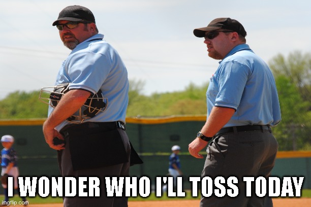 Umpire's pick | I WONDER WHO I'LL TOSS TODAY | image tagged in baseball,mlb,games,bad parents | made w/ Imgflip meme maker