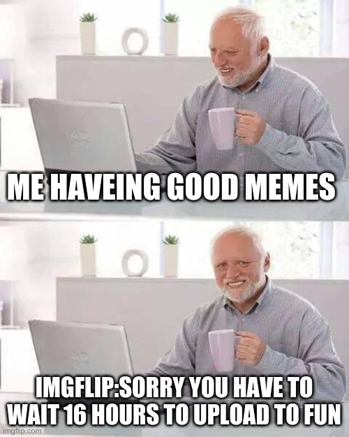WHYYYYYYY! | ME HAVEING GOOD MEMES; IMGFLIP:SORRY YOU HAVE TO WAIT 16 HOURS TO UPLOAD TO FUN | image tagged in memes,hide the pain harold | made w/ Imgflip meme maker