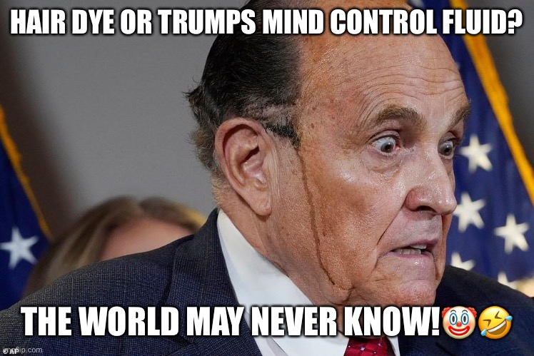 Rudy’s Meltdown! | HAIR DYE OR TRUMPS MIND CONTROL FLUID? THE WORLD MAY NEVER KNOW!🤡🤣 | image tagged in rudy giuliani,voter fraud,donald trump,morons,election 2020,clown | made w/ Imgflip meme maker