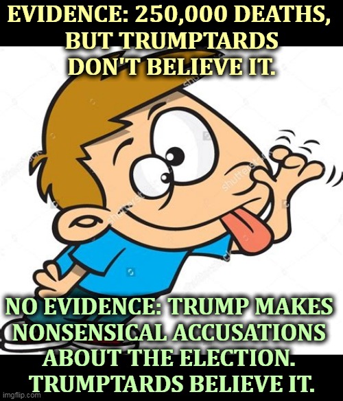 You wanna know why people think Trumptards are stupid? | EVIDENCE: 250,000 DEATHS, 
BUT TRUMPTARDS DON'T BELIEVE IT. NO EVIDENCE: TRUMP MAKES 
NONSENSICAL ACCUSATIONS 
ABOUT THE ELECTION. 
TRUMPTARDS BELIEVE IT. | image tagged in trump,idiots,psycho,fools,jerks | made w/ Imgflip meme maker