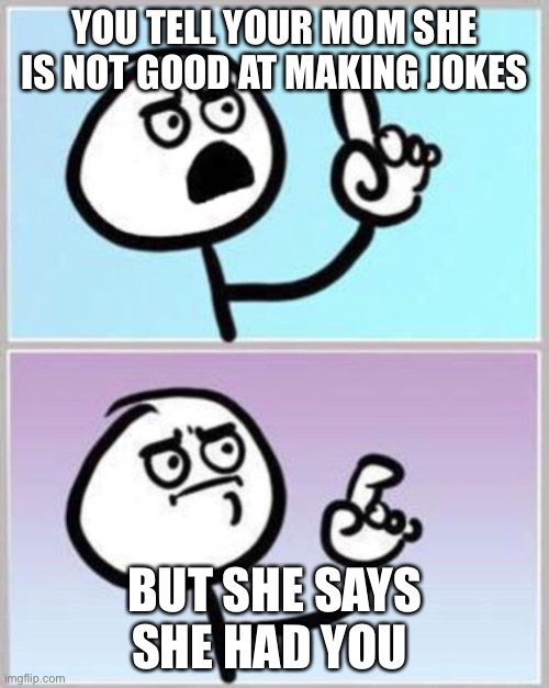 Wait what? | YOU TELL YOUR MOM SHE IS NOT GOOD AT MAKING JOKES; BUT SHE SAYS SHE HAD YOU | image tagged in wait what | made w/ Imgflip meme maker