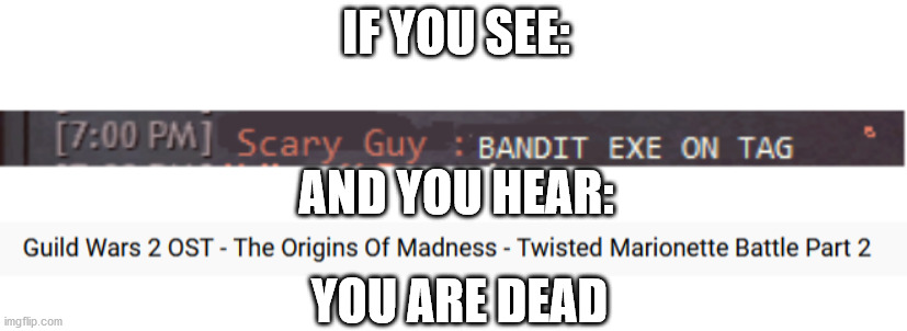 A rare Guild Wars 2 meme! | IF YOU SEE:; AND YOU HEAR:; YOU ARE DEAD | image tagged in guild wars 2,gw2,bandit,bandit executioner | made w/ Imgflip meme maker