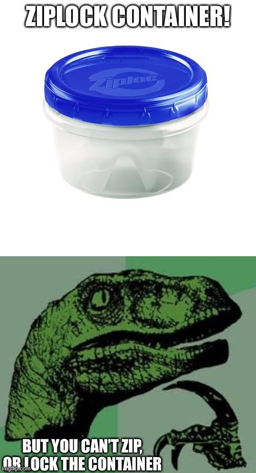 Ziplock container | ZIPLOCK CONTAINER! BUT YOU CAN’T ZIP, OR LOCK THE CONTAINER | image tagged in memes,philosoraptor | made w/ Imgflip meme maker