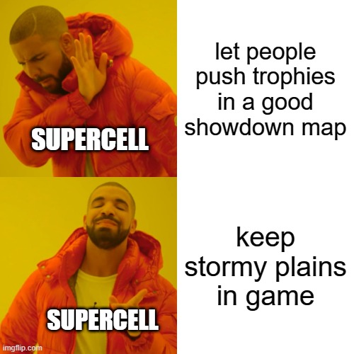 I CANT TELL YOU HOW MUCH I HATE STORMY PLAINS! | let people push trophies in a good showdown map; SUPERCELL; keep stormy plains in game; SUPERCELL | image tagged in memes,drake hotline bling | made w/ Imgflip meme maker