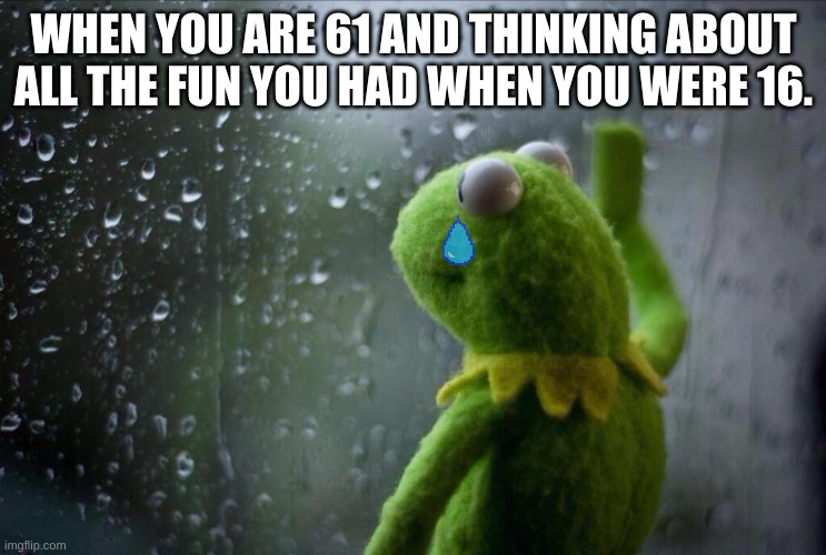 Sad Kermit | WHEN YOU ARE 61 AND THINKING ABOUT ALL THE FUN YOU HAD WHEN YOU WERE 16. | image tagged in sad kermit | made w/ Imgflip meme maker