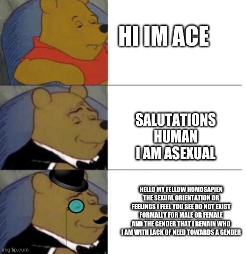 Tuxedo Winnie the Pooh (3 panel) | HI IM ACE SALUTATIONS HUMAN I AM ASEXUAL HELLO MY FELLOW HOMOSAPIEN THE SEXUAL ORIENTATION OR FEELINGS I FEEL YOU SEE DO NOT EXIST FORMALLY  | image tagged in tuxedo winnie the pooh 3 panel | made w/ Imgflip meme maker