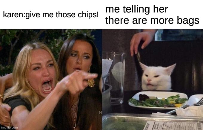 Woman Yelling At Cat Meme | karen:give me those chips! me telling her there are more bags | image tagged in memes,woman yelling at cat | made w/ Imgflip meme maker
