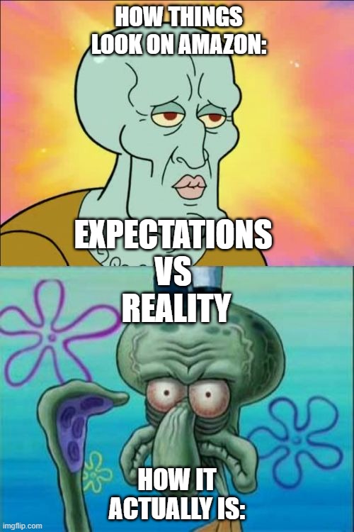 Squidward Meme | HOW THINGS LOOK ON AMAZON:; EXPECTATIONS 
VS 
REALITY; HOW IT ACTUALLY IS: | image tagged in memes,squidward | made w/ Imgflip meme maker