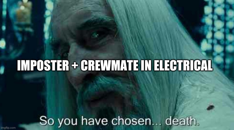 INNERSLOTH FIX THIS!!!!!!! | IMPOSTER + CREWMATE IN ELECTRICAL | image tagged in so you have chosen death | made w/ Imgflip meme maker