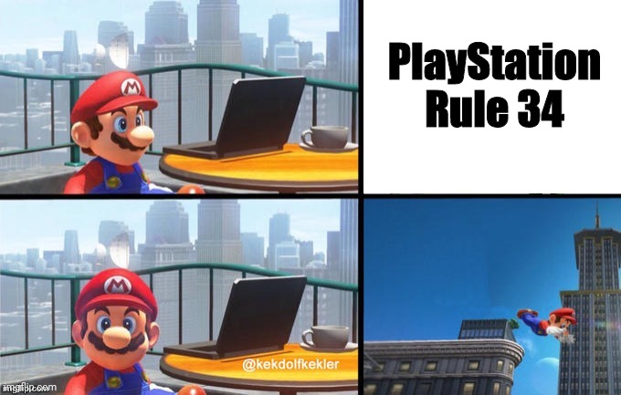 Mario jumps off of a building | PlayStation Rule 34 | image tagged in mario jumps off of a building | made w/ Imgflip meme maker