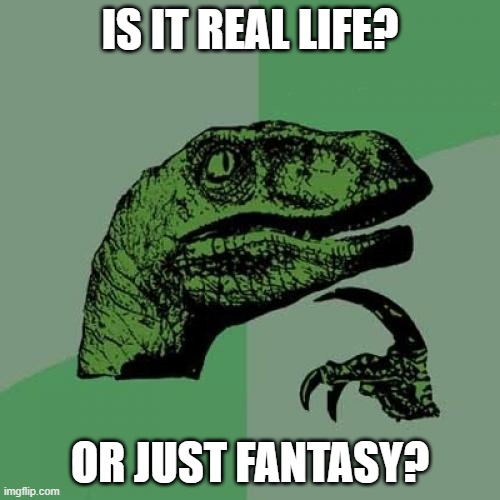 Philosoraptor Meme | IS IT REAL LIFE? OR JUST FANTASY? | image tagged in memes,philosoraptor | made w/ Imgflip meme maker