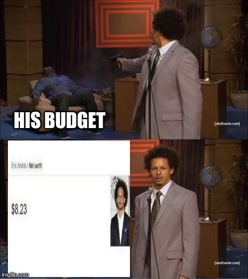 Good job, Mr. Andre! | HIS BUDGET | image tagged in memes,who killed hannibal,eric andre,net worth,google,funny | made w/ Imgflip meme maker