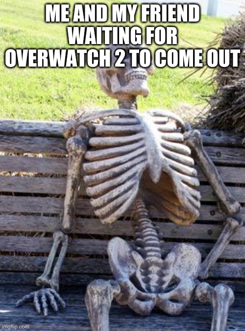 Waiting Skeleton | ME AND MY FRIEND WAITING FOR OVERWATCH 2 TO COME OUT | image tagged in memes,waiting skeleton | made w/ Imgflip meme maker
