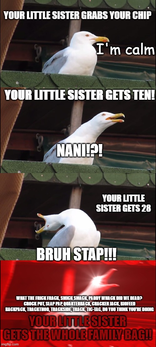 Inhaling Seagull Meme | YOUR LITTLE SISTER GRABS YOUR CHIP; I'm calm; YOUR LITTLE SISTER GETS TEN! NANI!?! YOUR LITTLE SISTER GETS 28; BRUH STAP!!! WHAT THE FRICK FRACK, SMICK SMACK, PADDY WHACK DID WE DEAD? 
CROCK POT, SLAP PAP, QUARTERBACK, CRACKER JACK, BIOFEED BACKPACK, TRACKTHOD, TRACKSIDE, TRACK, TIC-TAC, DO YOU THINK YOU'RE DOING; YOUR LITTLE SISTER GETS THE WHOLE FAMILY BAG!! | image tagged in memes,inhaling seagull | made w/ Imgflip meme maker