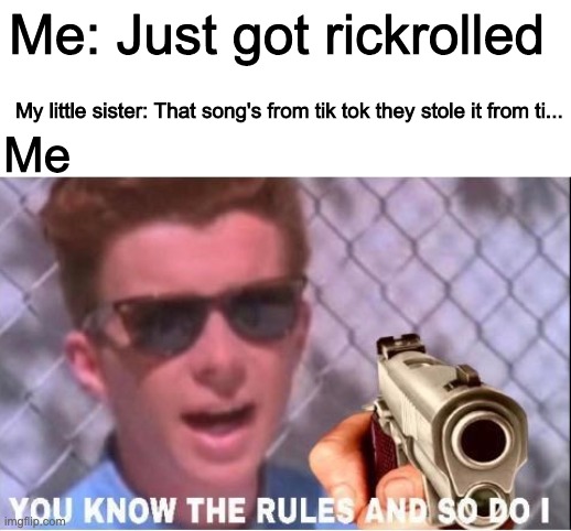 you know the rules and so do i | Me: Just got rickrolled; My little sister: That song's from tik tok they stole it from ti... Me | image tagged in you know the rules and so do i | made w/ Imgflip meme maker