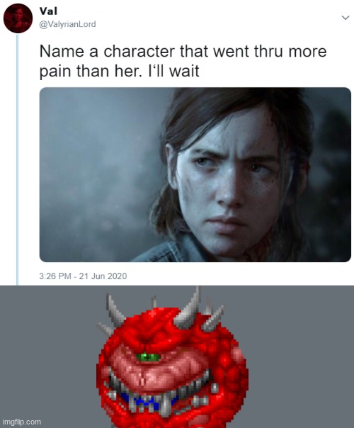 cacodemon | image tagged in name one character who went through more pain than her | made w/ Imgflip meme maker