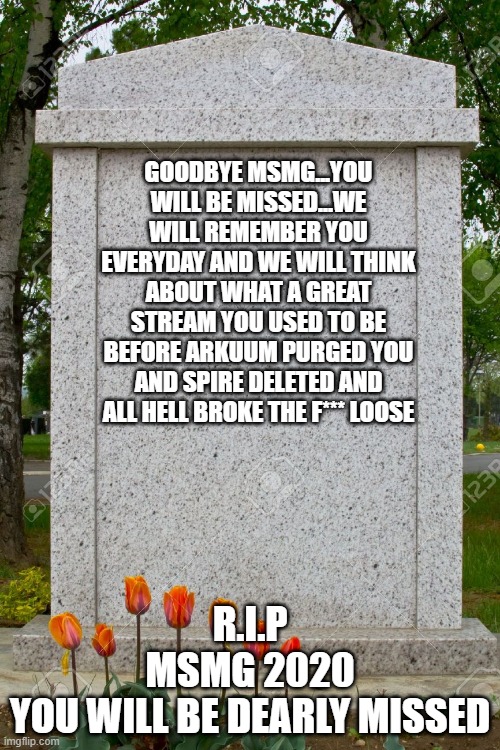 R.I.P msmg 2020 dedication | GOODBYE MSMG...YOU WILL BE MISSED...WE WILL REMEMBER YOU EVERYDAY AND WE WILL THINK ABOUT WHAT A GREAT STREAM YOU USED TO BE BEFORE ARKUUM PURGED YOU AND SPIRE DELETED AND ALL HELL BROKE THE F*** LOOSE; R.I.P
MSMG 2020
YOU WILL BE DEARLY MISSED | image tagged in rip,memer,group,2020,gravestone,dedication | made w/ Imgflip meme maker