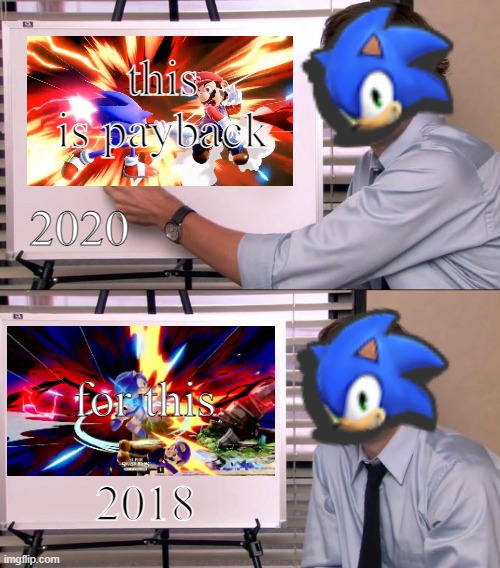 sonic's explanation of why he sent mario to minecraft | this is payback; 2020; for this; 2018 | image tagged in jim halpert explains,sonic the hedgehog,mario wtf,super smash bros | made w/ Imgflip meme maker