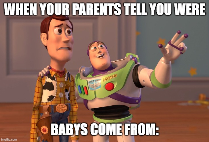 X, X Everywhere | WHEN YOUR PARENTS TELL YOU WERE; BABYS COME FROM: | image tagged in memes,x x everywhere | made w/ Imgflip meme maker