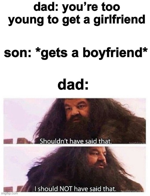 uh oh | dad: you’re too young to get a girlfriend; son: *gets a boyfriend*; dad: | image tagged in hagrid shouldn't have said that,memes,funny,lol,gay | made w/ Imgflip meme maker