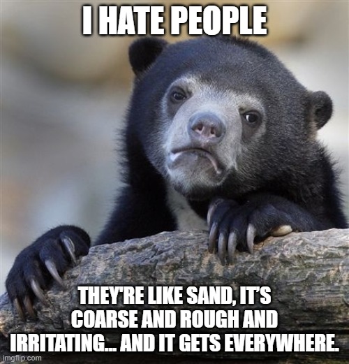Confession Bear | I HATE PEOPLE; THEY'RE LIKE SAND, IT’S COARSE AND ROUGH AND IRRITATING… AND IT GETS EVERYWHERE. | image tagged in memes,confession bear | made w/ Imgflip meme maker