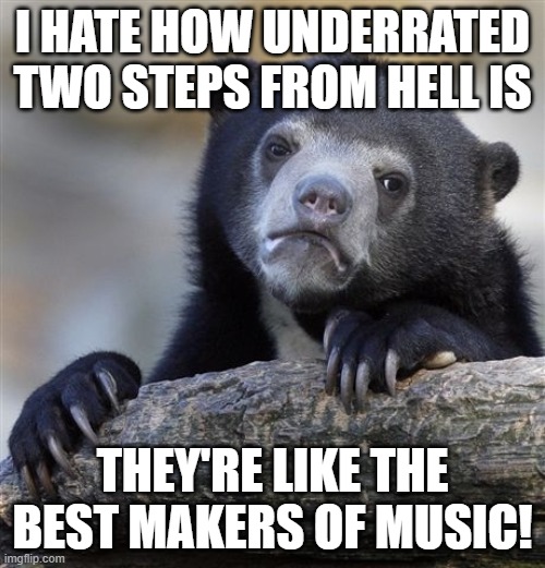 Confession Bear Meme | I HATE HOW UNDERRATED TWO STEPS FROM HELL IS; THEY'RE LIKE THE BEST MAKERS OF MUSIC! | image tagged in memes,confession bear | made w/ Imgflip meme maker