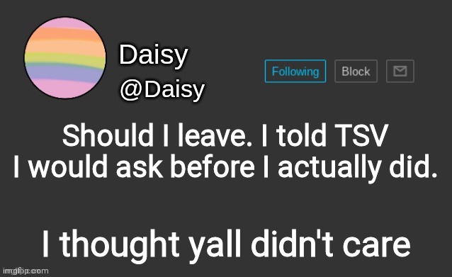 Answer truthfully | Should I leave. I told TSV I would ask before I actually did. I thought yall didn't care | image tagged in daisy's template | made w/ Imgflip meme maker