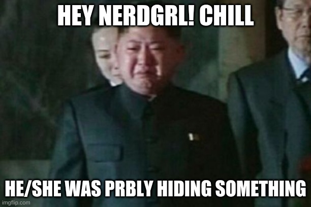 Kim Jong Un Sad | HEY NERDGRL! CHILL; HE/SHE WAS PRBLY HIDING SOMETHING | image tagged in memes,kim jong un sad | made w/ Imgflip meme maker