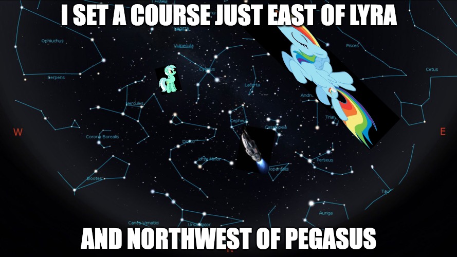 Where The mylittlepony, AwesomeMusic And Space_memes Streams All Converge | I SET A COURSE JUST EAST OF LYRA; AND NORTHWEST OF PEGASUS | image tagged in memes,my little pony,rush,stars,crossover | made w/ Imgflip meme maker