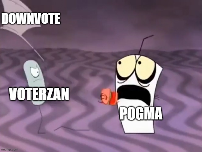 Master Shake meeting Jerry and his axe | DOWNVOTE; VOTERZAN; POGMA | image tagged in master shake meeting jerry and his axe | made w/ Imgflip meme maker