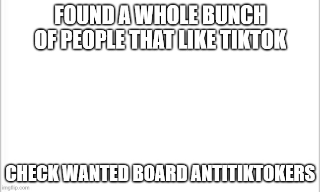 we got more | FOUND A WHOLE BUNCH OF PEOPLE THAT LIKE TIKTOK; CHECK WANTED BOARD ANTITIKTOKERS | image tagged in white background | made w/ Imgflip meme maker