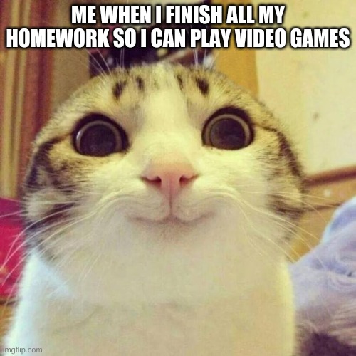 Smiling Cat | ME WHEN I FINISH ALL MY HOMEWORK SO I CAN PLAY VIDEO GAMES | image tagged in memes,smiling cat | made w/ Imgflip meme maker