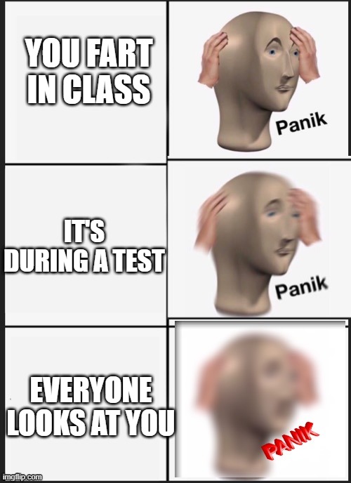 panik Panik PANIK | YOU FART IN CLASS; IT'S DURING A TEST; EVERYONE LOOKS AT YOU | image tagged in panik panik panik | made w/ Imgflip meme maker