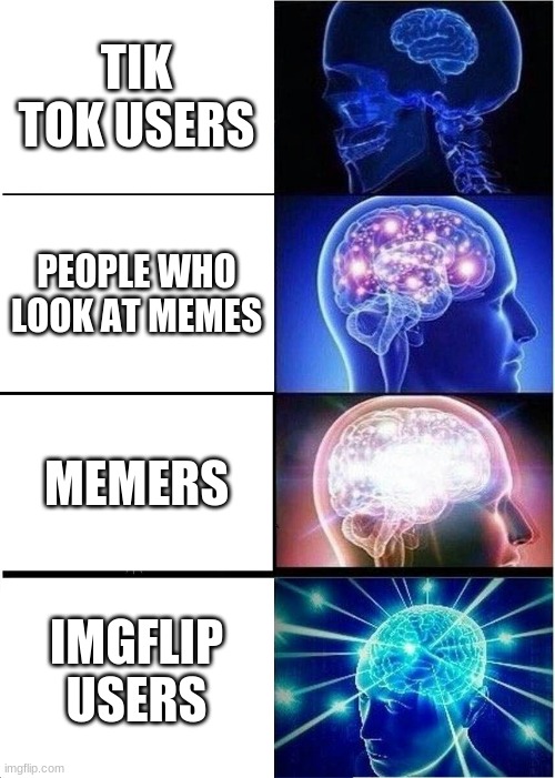 Expanding knowledge | TIK TOK USERS; PEOPLE WHO LOOK AT MEMES; MEMERS; IMGFLIP USERS | image tagged in memes,expanding brain,meme,imgflip users,true,lmao | made w/ Imgflip meme maker