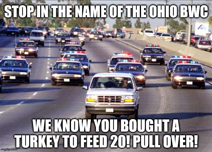 Ohio BWC | STOP IN THE NAME OF THE OHIO BWC; WE KNOW YOU BOUGHT A TURKEY TO FEED 20! PULL OVER! | image tagged in thanksgiving,tyranny,ohio | made w/ Imgflip meme maker