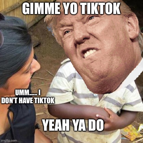 Trump argument | GIMME YO TIKTOK; UMM...... I DON’T HAVE TIKTOK; YEAH YA DO | image tagged in donald trump,tiktok,tik tok,rude trump | made w/ Imgflip meme maker