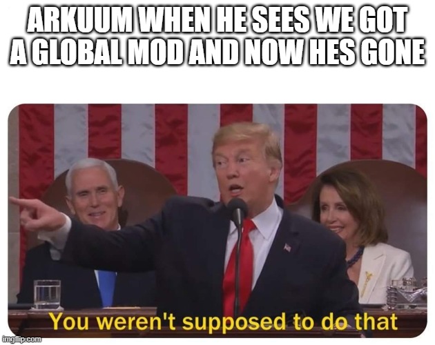 Yes, yes we are | ARKUUM WHEN HE SEES WE GOT A GLOBAL MOD AND NOW HES GONE | image tagged in you weren't supposed to do that | made w/ Imgflip meme maker