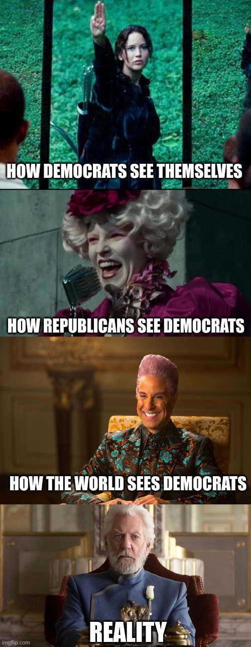 US Politics Explained | HOW DEMOCRATS SEE THEMSELVES; HOW REPUBLICANS SEE DEMOCRATS; HOW THE WORLD SEES DEMOCRATS; REALITY | image tagged in hunger games 2,happy hunger games,hunger games/caesar flickerman stanley tucci heh heh heh,elections 2020 | made w/ Imgflip meme maker