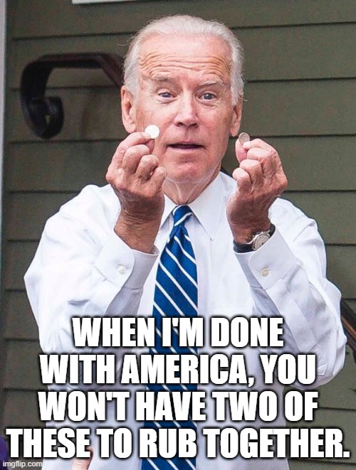 Go buy yourself something nice. | WHEN I'M DONE WITH AMERICA, YOU WON'T HAVE TWO OF THESE TO RUB TOGETHER. | image tagged in joe biden,election 2020,socialism | made w/ Imgflip meme maker