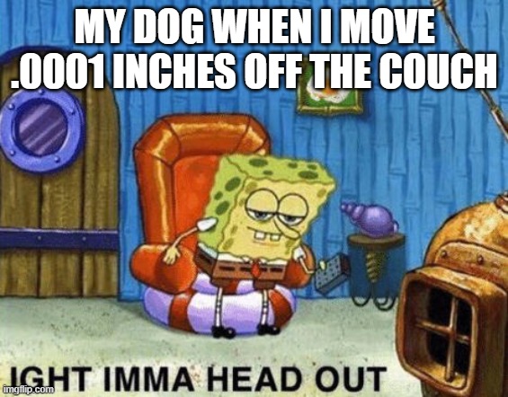 f | MY DOG WHEN I MOVE .0001 INCHES OFF THE COUCH | image tagged in ight imma head out | made w/ Imgflip meme maker