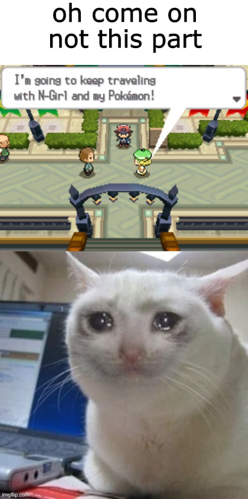 welp, time to cry... but this isn't the part that MAINLY makes me cry :) | oh come on not this part | image tagged in crying cat,pokemon | made w/ Imgflip meme maker