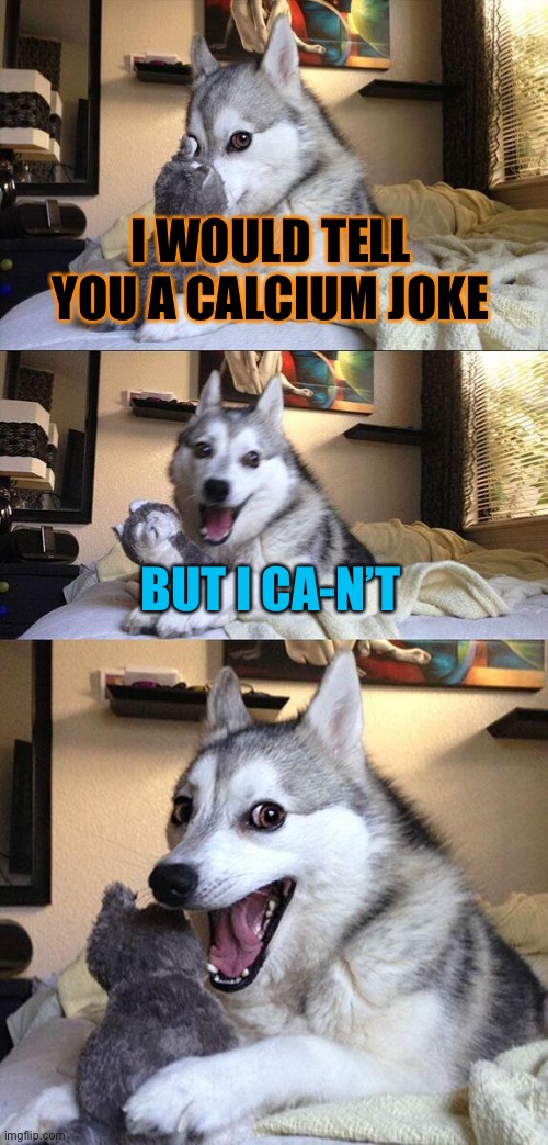 Bad pun dog | I WOULD TELL YOU A CALCIUM JOKE; BUT I CA-N’T | image tagged in memes,bad pun dog,chemistry,calcium | made w/ Imgflip meme maker