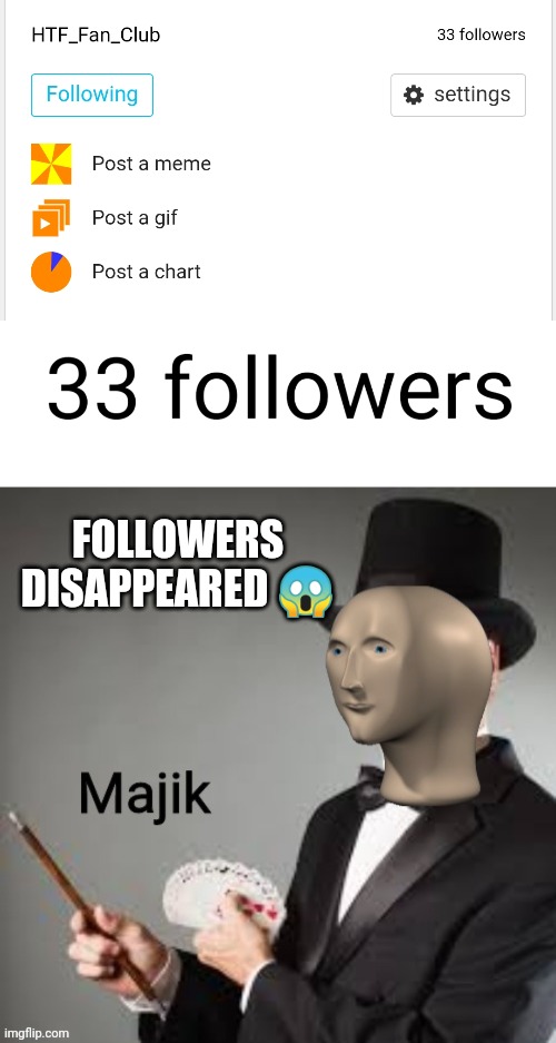 The stream followers got disappeared for something!! | FOLLOWERS DISAPPEARED 😱 | image tagged in majik,memes,followers | made w/ Imgflip meme maker