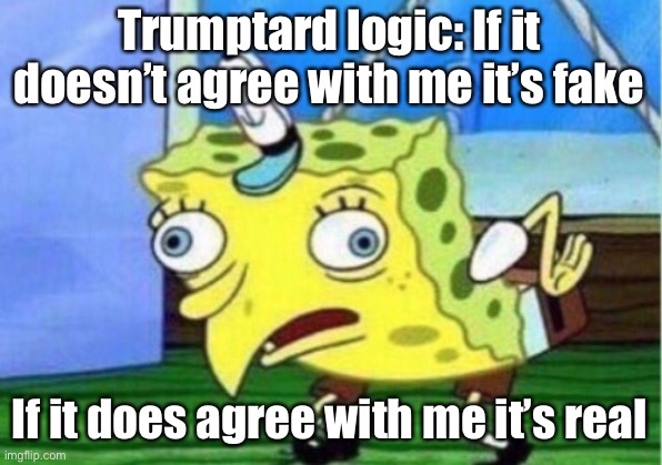Mocking Spongebob | Trumptard logic: If it doesn’t agree with me it’s fake; If it does agree with me it’s real | image tagged in memes,mocking spongebob | made w/ Imgflip meme maker