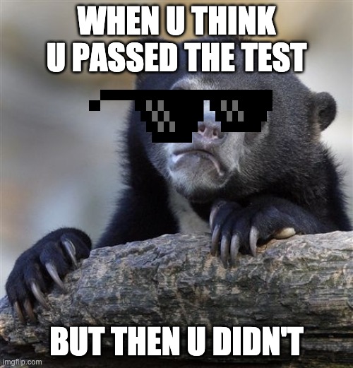 When u think u passed... | WHEN U THINK U PASSED THE TEST; BUT THEN U DIDN'T | image tagged in memes,confession bear | made w/ Imgflip meme maker