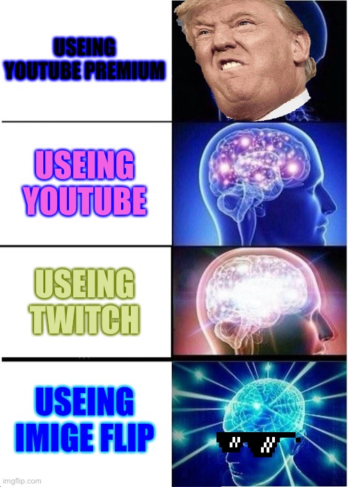 never use you tube premium | USEING YOUTUBE PREMIUM; USEING YOUTUBE; USEING TWITCH; USEING IMIGE FLIP | image tagged in memes,expanding brain | made w/ Imgflip meme maker