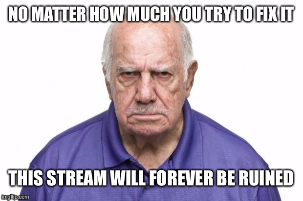 And I’m not an angry old man I just can’t come up with templates and honestly am still pissed with this place | NO MATTER HOW MUCH YOU TRY TO FIX IT; THIS STREAM WILL FOREVER BE RUINED | image tagged in ruined | made w/ Imgflip meme maker