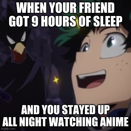 yes | WHEN YOUR FRIEND GOT 9 HOURS OF SLEEP; AND YOU STAYED UP ALL NIGHT WATCHING ANIME | image tagged in deku and tokoyami | made w/ Imgflip meme maker